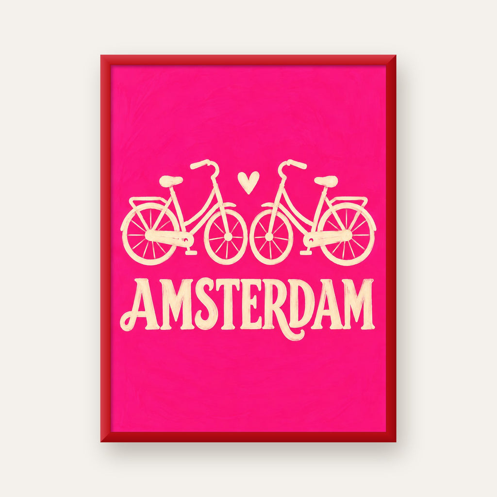 Amsterdam Temalı Bisiklet İllüstrasyonlu Canlı Pembe Poster — kırmızı çerçeveli