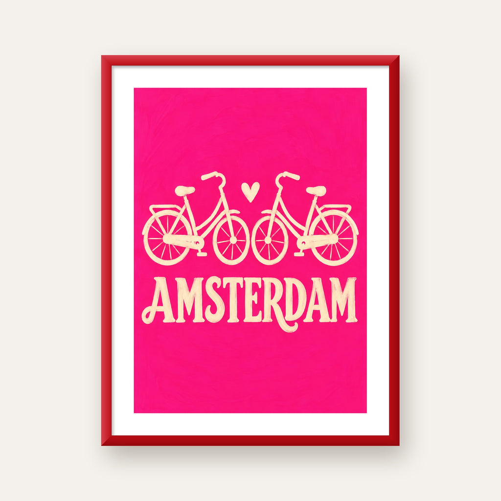 Amsterdam Temalı Bisiklet İllüstrasyonlu Canlı Pembe Poster — kırmızı çerçeveli paspartulu