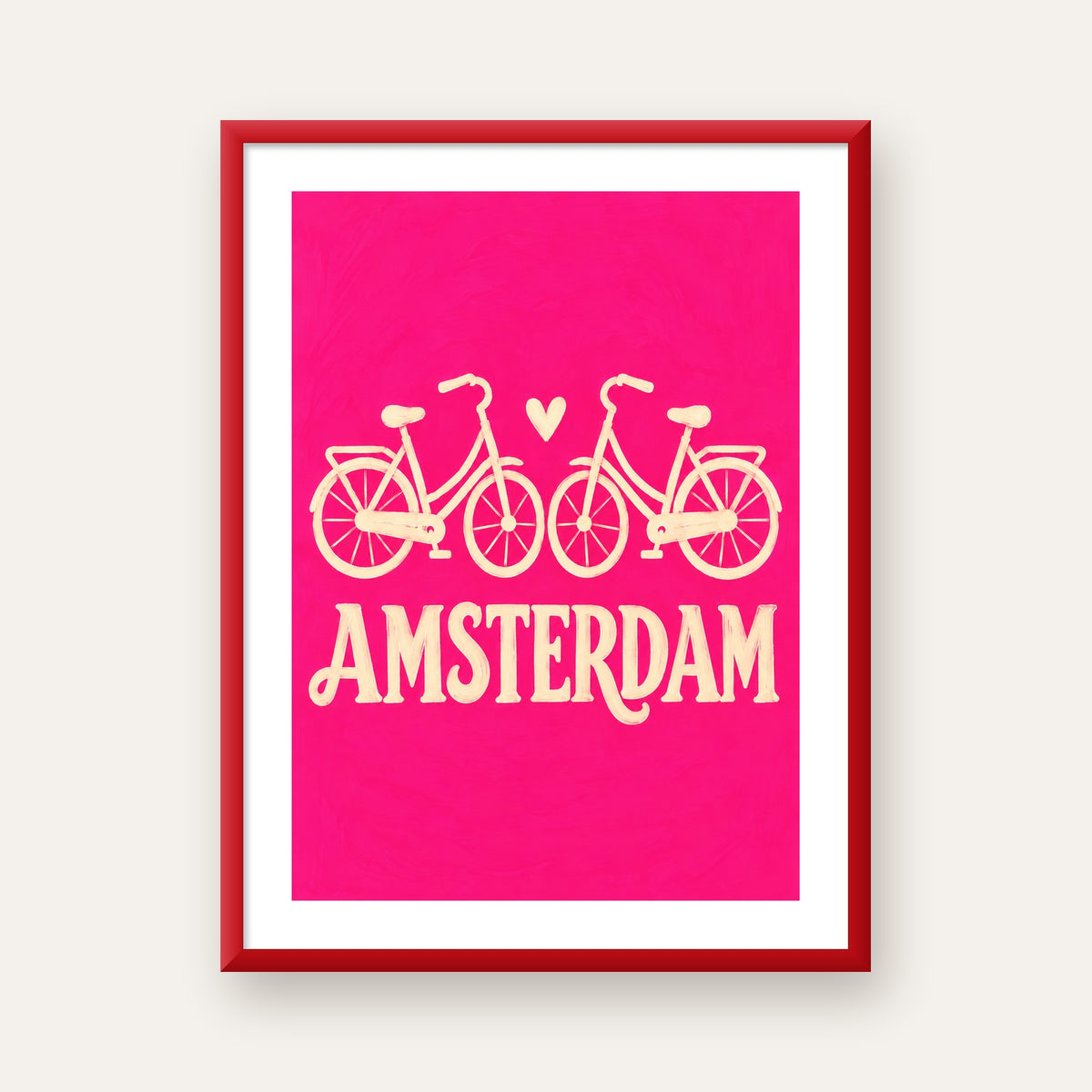 Amsterdam Temalı Bisiklet İllüstrasyonlu Canlı Pembe Poster — kırmızı çerçeveli paspartulu