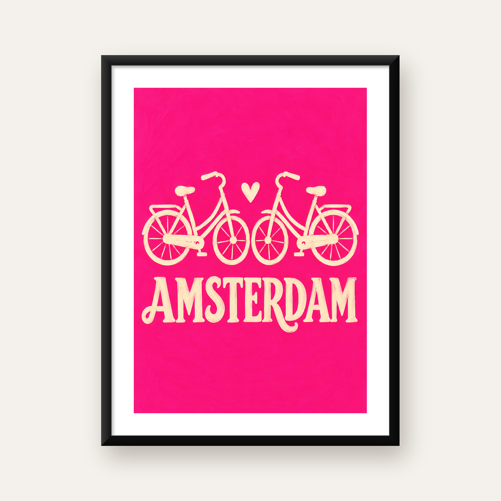Amsterdam Temalı Bisiklet İllüstrasyonlu Canlı Pembe Poster — Dikey baskı, beyaz paspartulu
