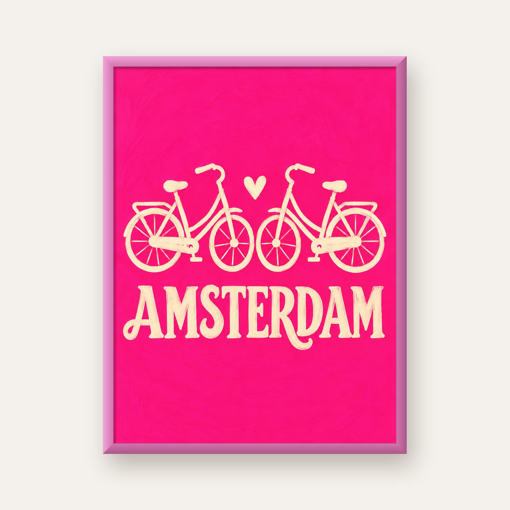Amsterdam Temalı Bisiklet İllüstrasyonlu Canlı Pembe Poster — pembe çerçeveli