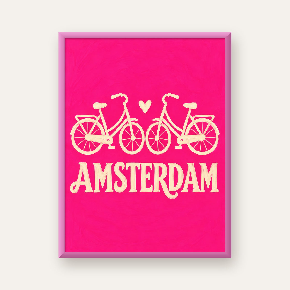 Amsterdam Temalı Bisiklet İllüstrasyonlu Canlı Pembe Poster — pembe çerçeveli