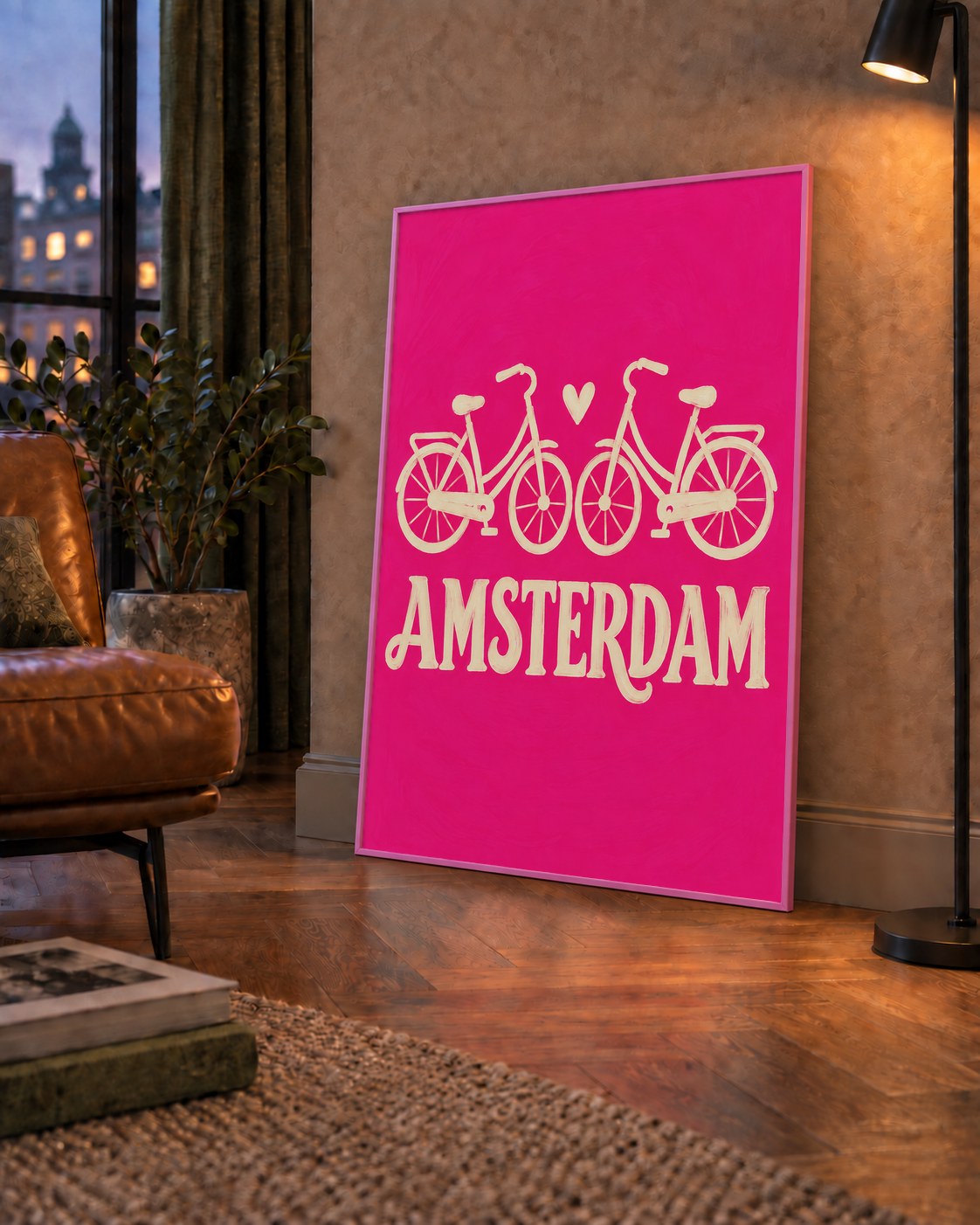 Amsterdam Temalı Bisiklet İllüstrasyonlu Canlı Pembe Poster — çerçeveli hâliyle bir ev duvarında