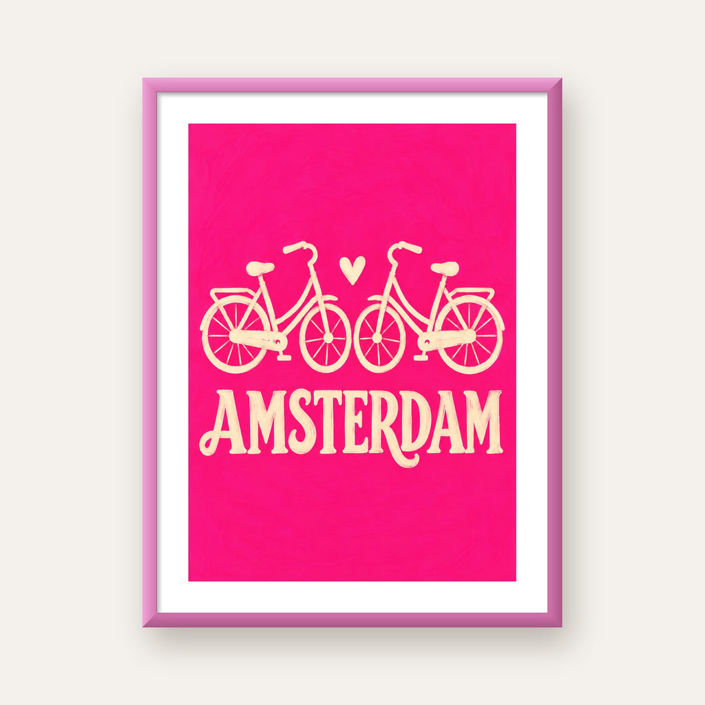 Amsterdam Temalı Bisiklet İllüstrasyonlu Canlı Pembe Poster — pembe çerçeveli paspartulu