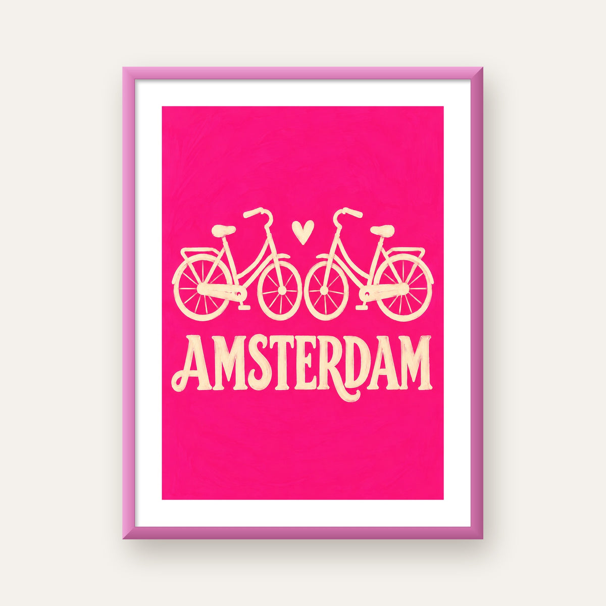 Amsterdam Temalı Bisiklet İllüstrasyonlu Canlı Pembe Poster — pembe çerçeveli paspartulu