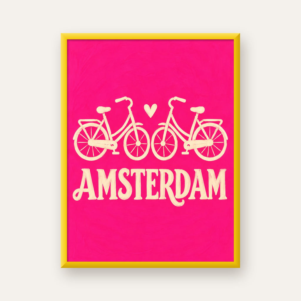 Amsterdam Temalı Bisiklet İllüstrasyonlu Canlı Pembe Poster — sarı çerçeveli