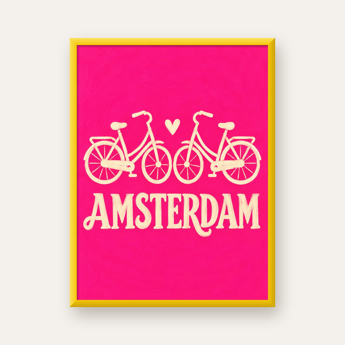 Amsterdam Temalı Bisiklet İllüstrasyonlu Canlı Pembe Poster — sarı çerçeveli