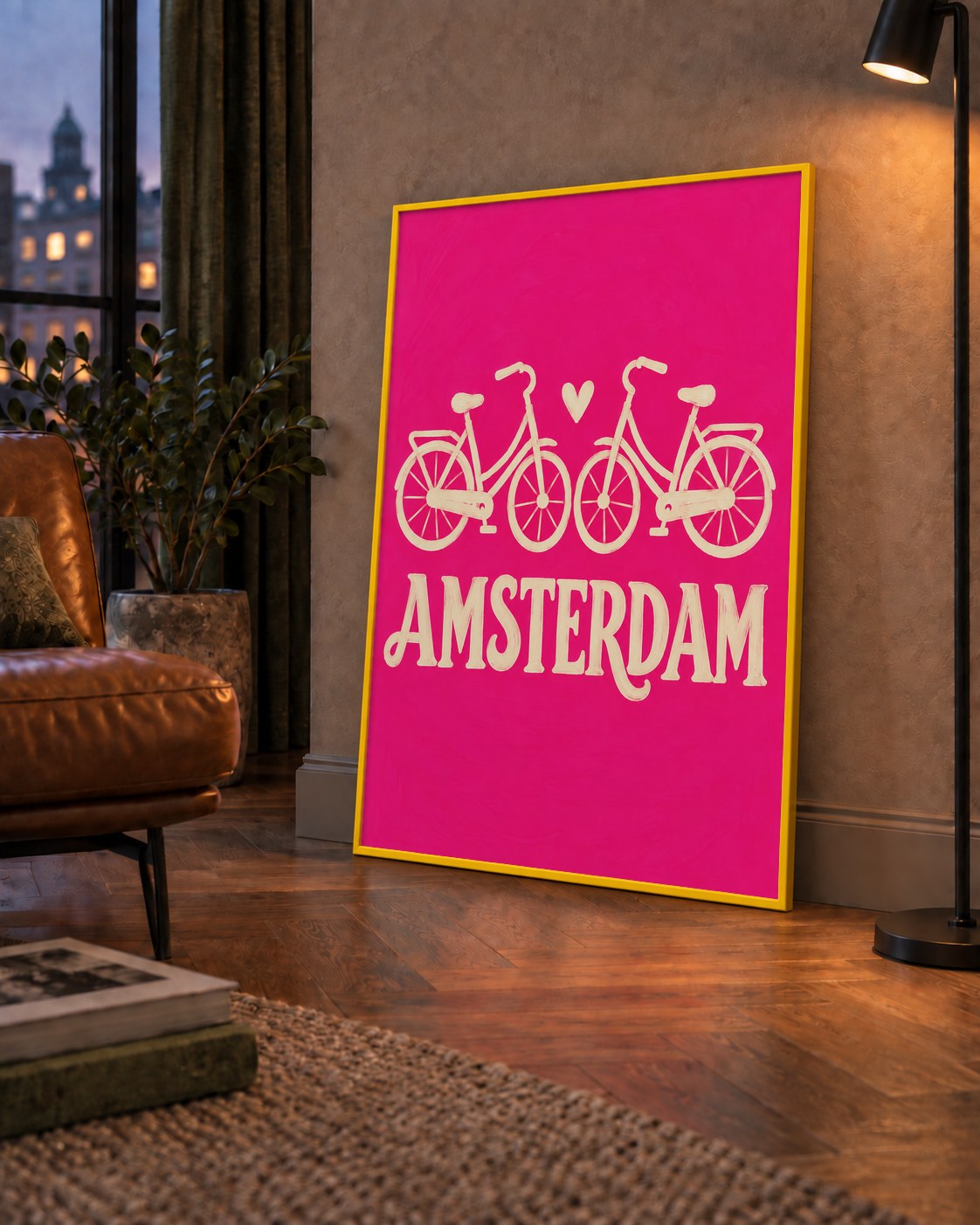 Amsterdam Temalı Bisiklet İllüstrasyonlu Canlı Pembe Poster — çerçeveli hâliyle bir ev duvarında