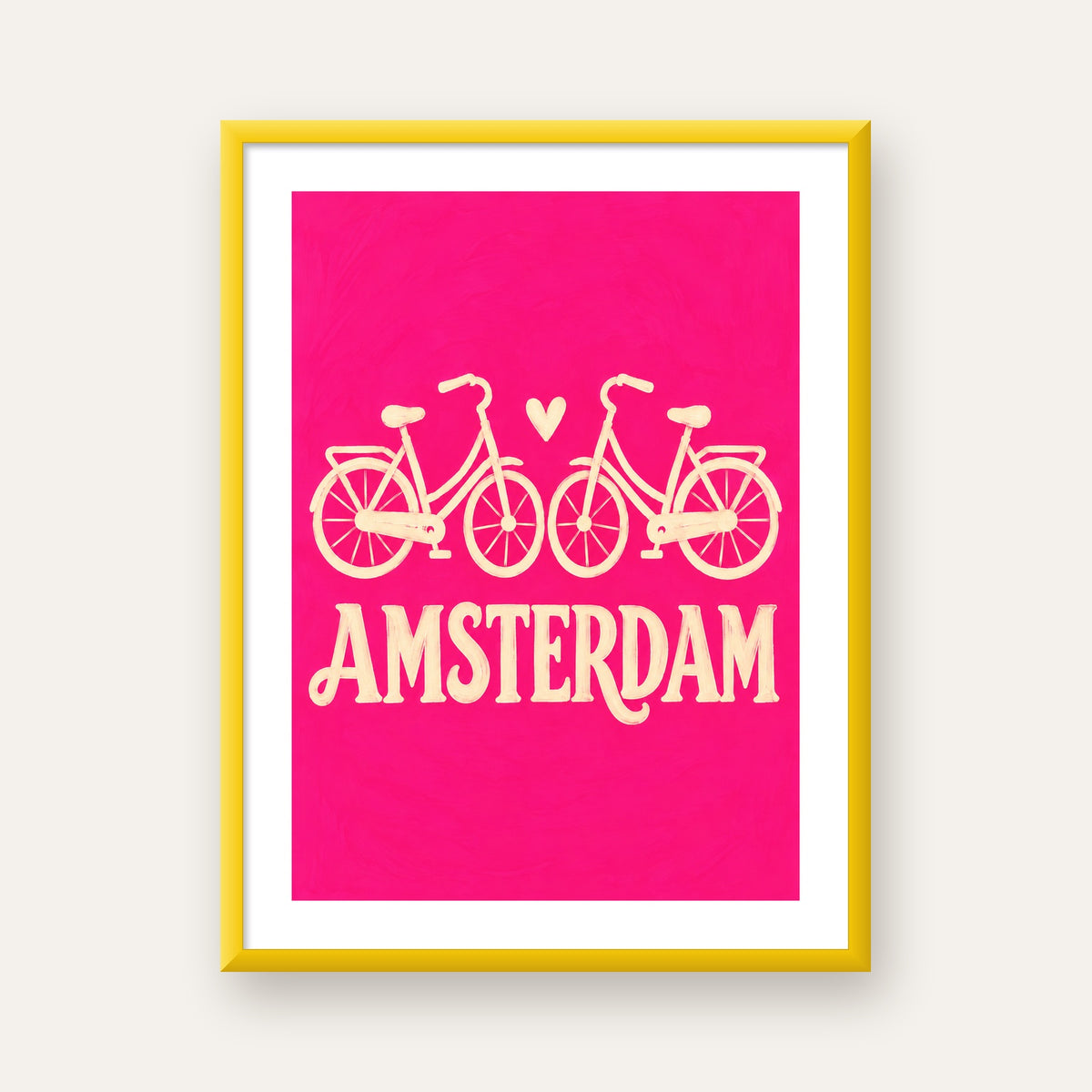 Amsterdam Temalı Bisiklet İllüstrasyonlu Canlı Pembe Poster — sarı çerçeveli paspartulu