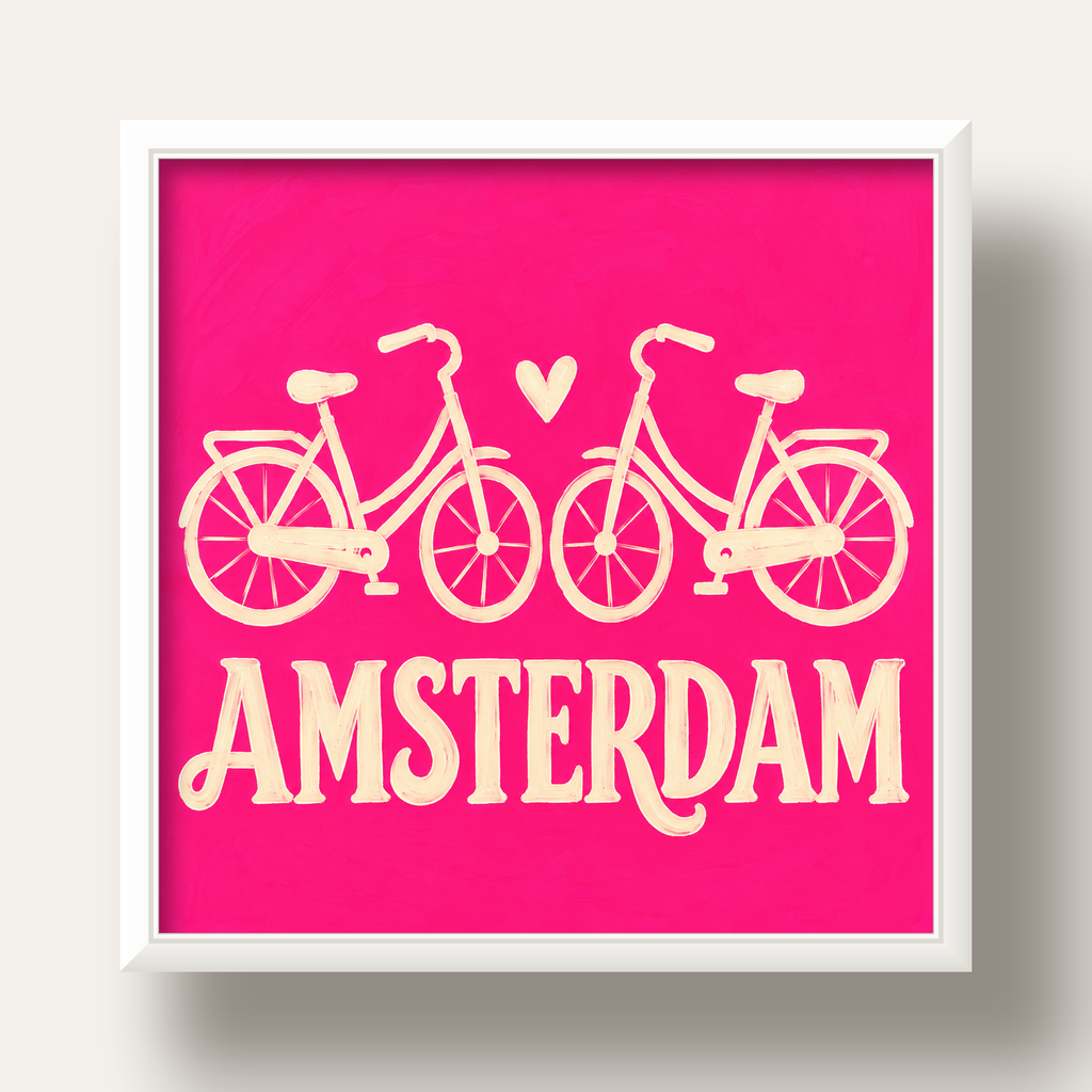 Amsterdam Temalı Bisiklet İllüstrasyonlu Canlı Pembe Poster — beyaz derin çerçeveli