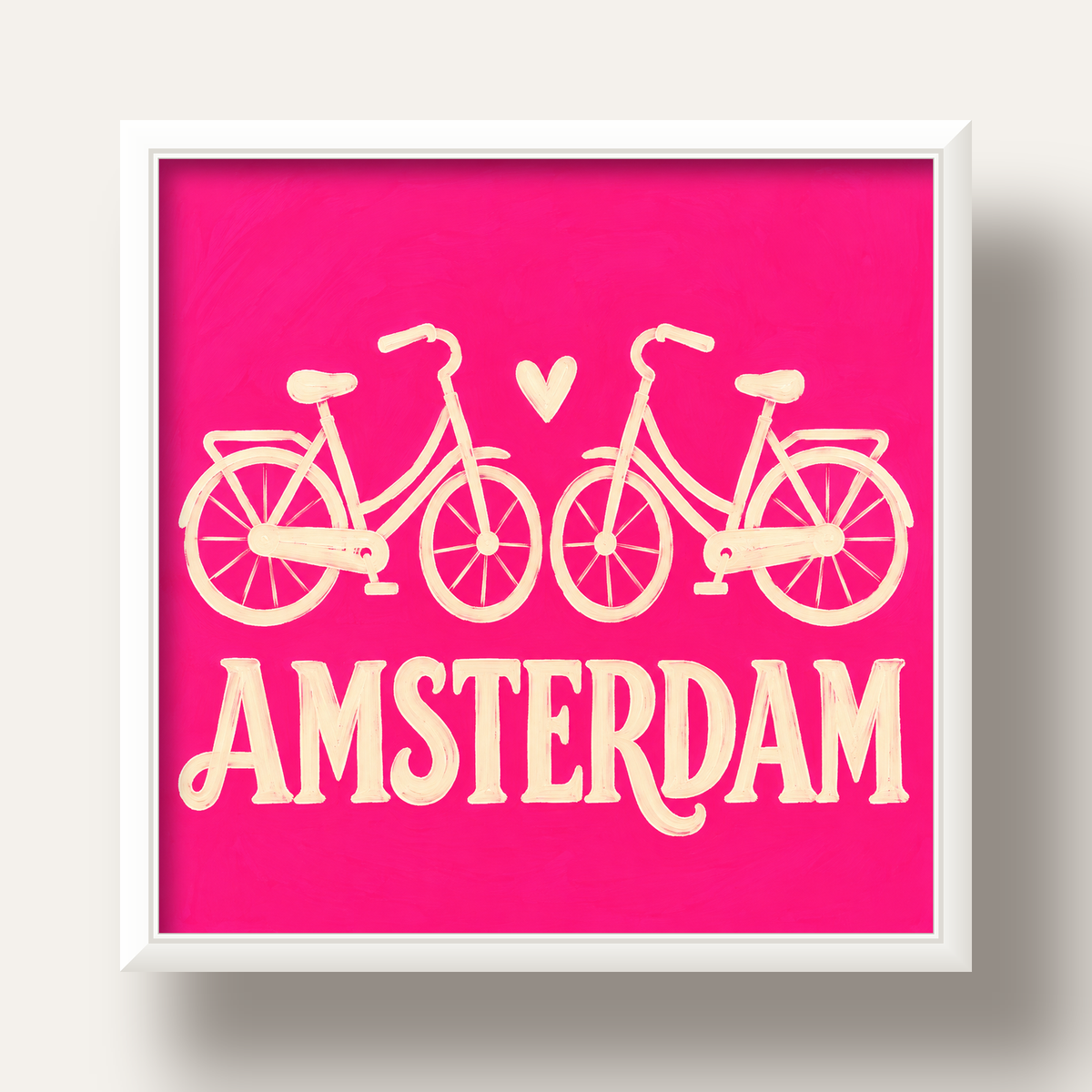 Amsterdam Temalı Bisiklet İllüstrasyonlu Canlı Pembe Poster — beyaz derin çerçeveli