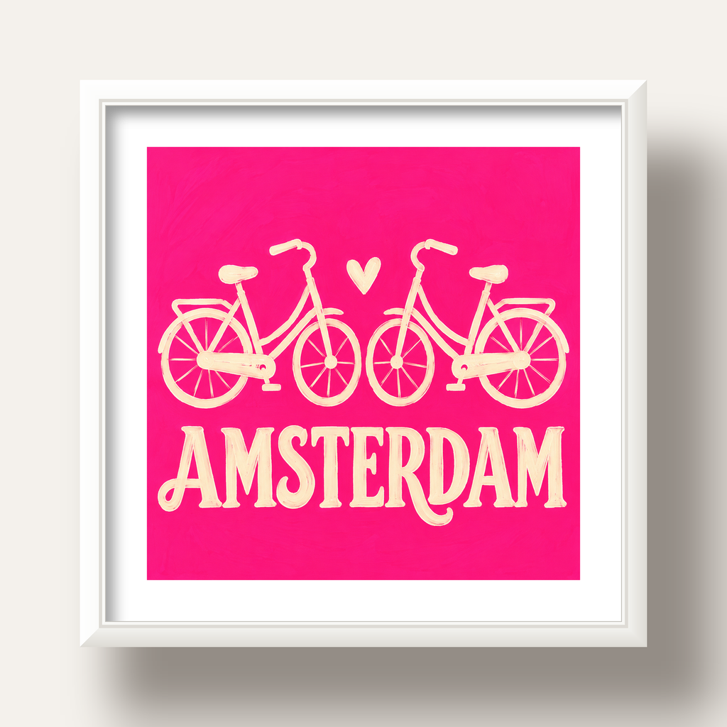 Amsterdam Temalı Bisiklet İllüstrasyonlu Canlı Pembe Poster — beyaz derin çerçeveli paspartulu