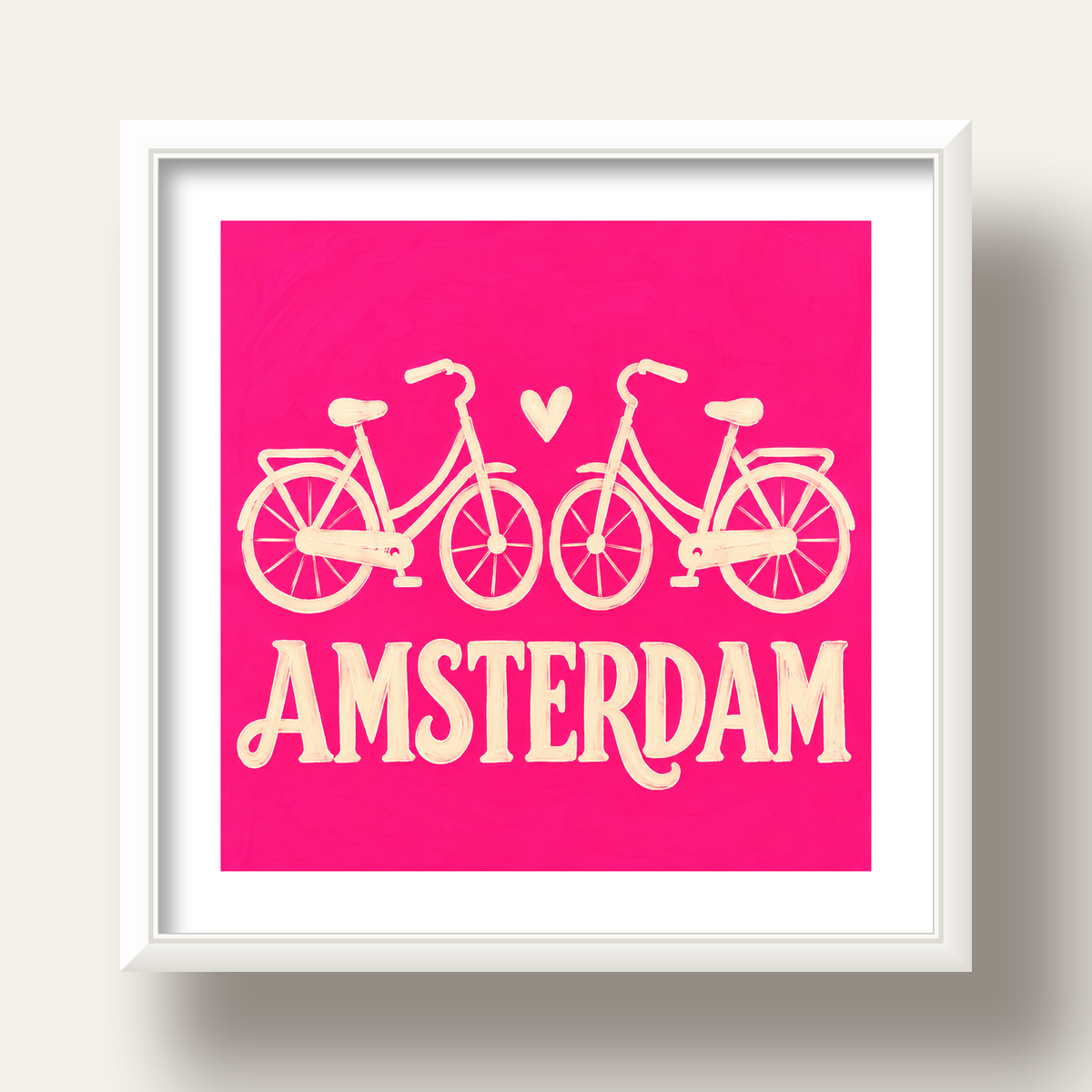 Amsterdam Temalı Bisiklet İllüstrasyonlu Canlı Pembe Poster — beyaz derin çerçeveli paspartulu
