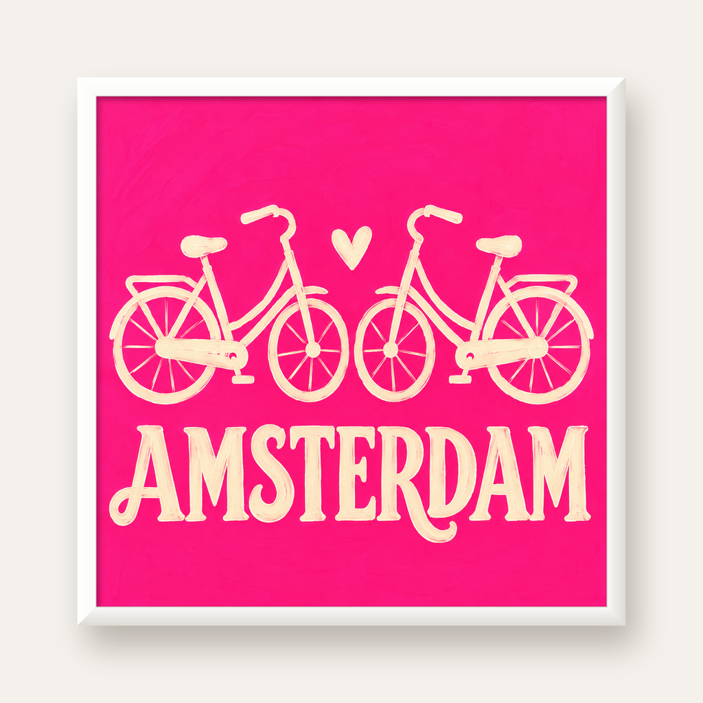 Amsterdam Temalı Bisiklet İllüstrasyonlu Canlı Pembe Poster — beyaz çerçeveli kare poster