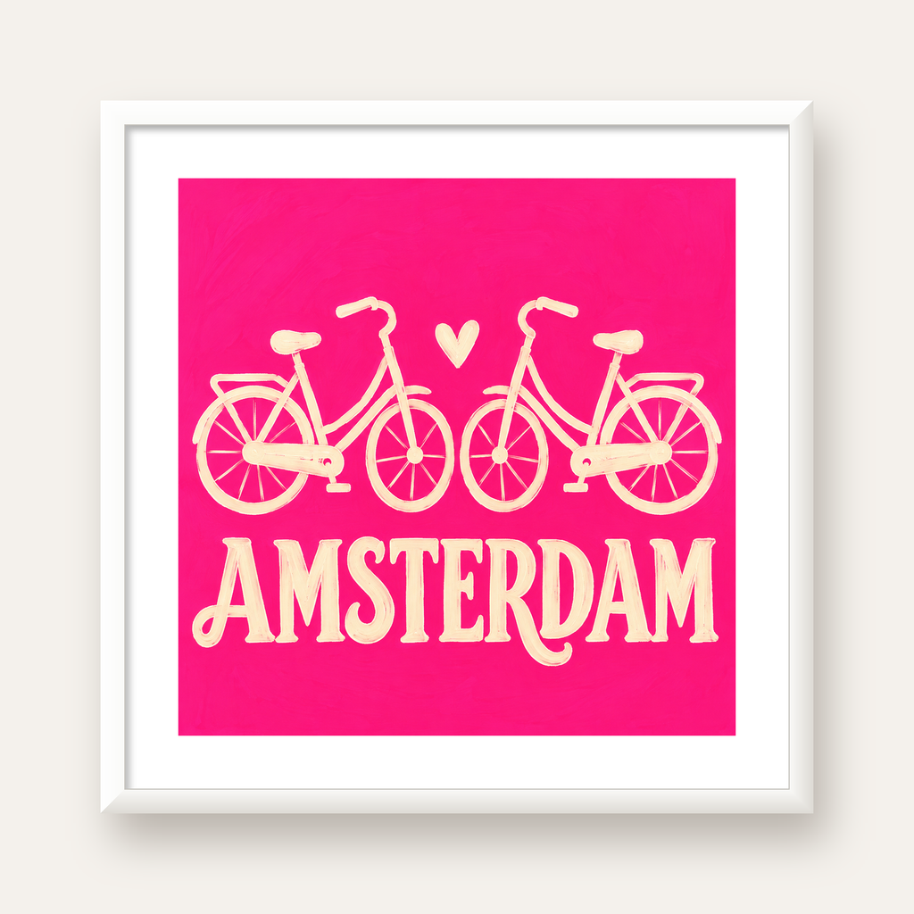 Amsterdam Temalı Bisiklet İllüstrasyonlu Canlı Pembe Poster — beyaz çerçeveli kare poster