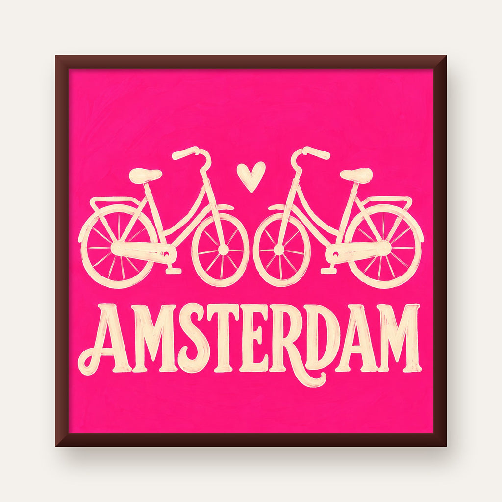 Amsterdam Temalı Bisiklet İllüstrasyonlu Canlı Pembe Poster — ceviz çerçeveli