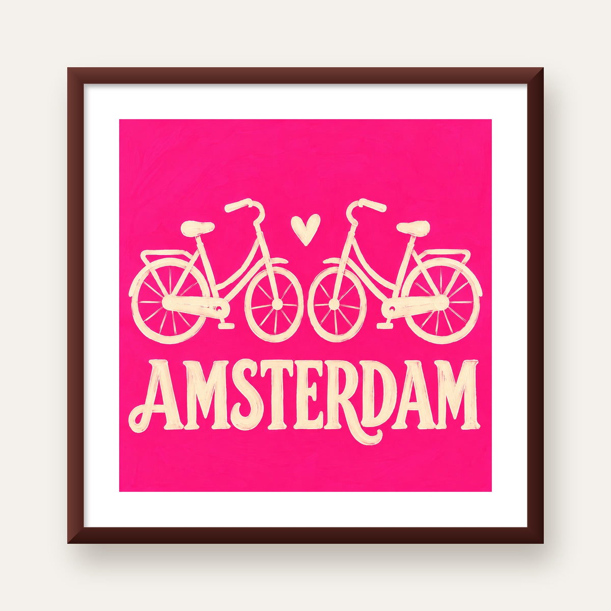 Amsterdam Temalı Bisiklet İllüstrasyonlu Canlı Pembe Poster — ceviz çerçeveli paspartulu