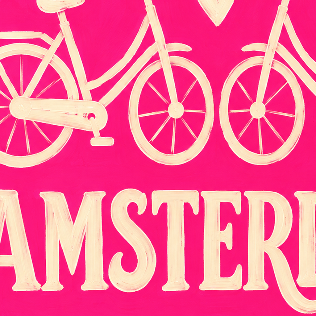 Amsterdam Temalı Bisiklet İllüstrasyonlu Canlı Pembe Poster — baskının yakın çekimi, kâğıt dokusu ve renk detayı