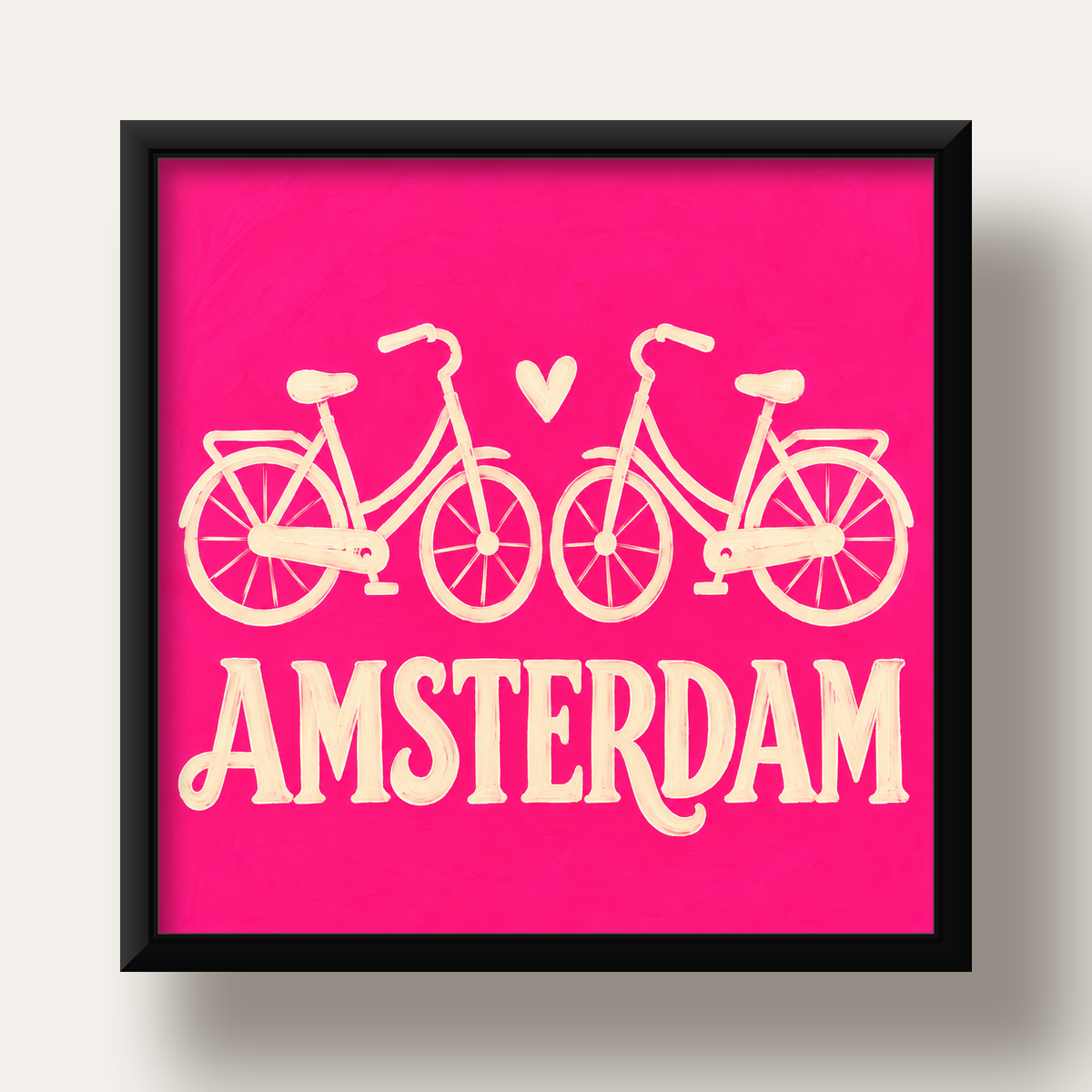 Amsterdam Temalı Bisiklet İllüstrasyonlu Canlı Pembe Poster — siyah derin çerçeveli