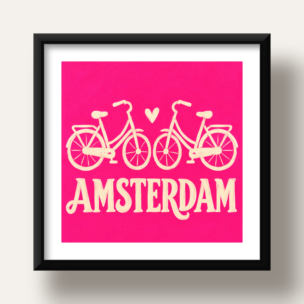 Amsterdam Temalı Bisiklet İllüstrasyonlu Canlı Pembe Poster — siyah derin çerçeveli paspartulu