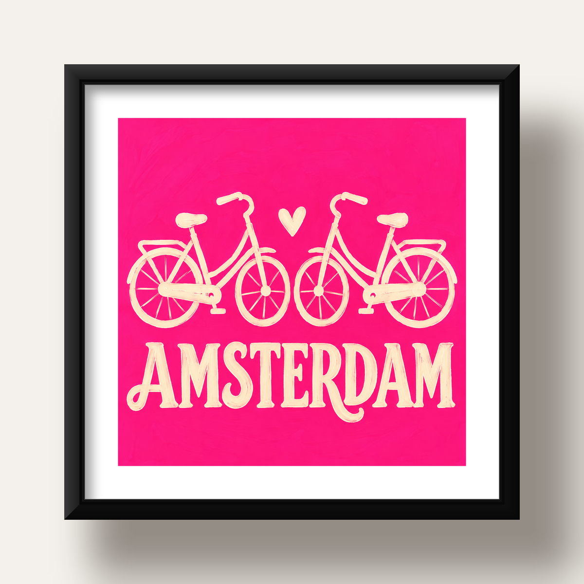 Amsterdam Temalı Bisiklet İllüstrasyonlu Canlı Pembe Poster — siyah derin çerçeveli paspartulu