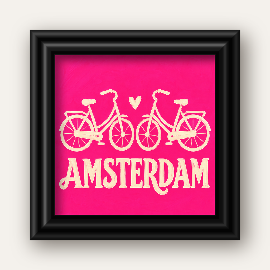 Amsterdam Temalı Bisiklet İllüstrasyonlu Canlı Pembe Poster — siyah galeri çerçeveli