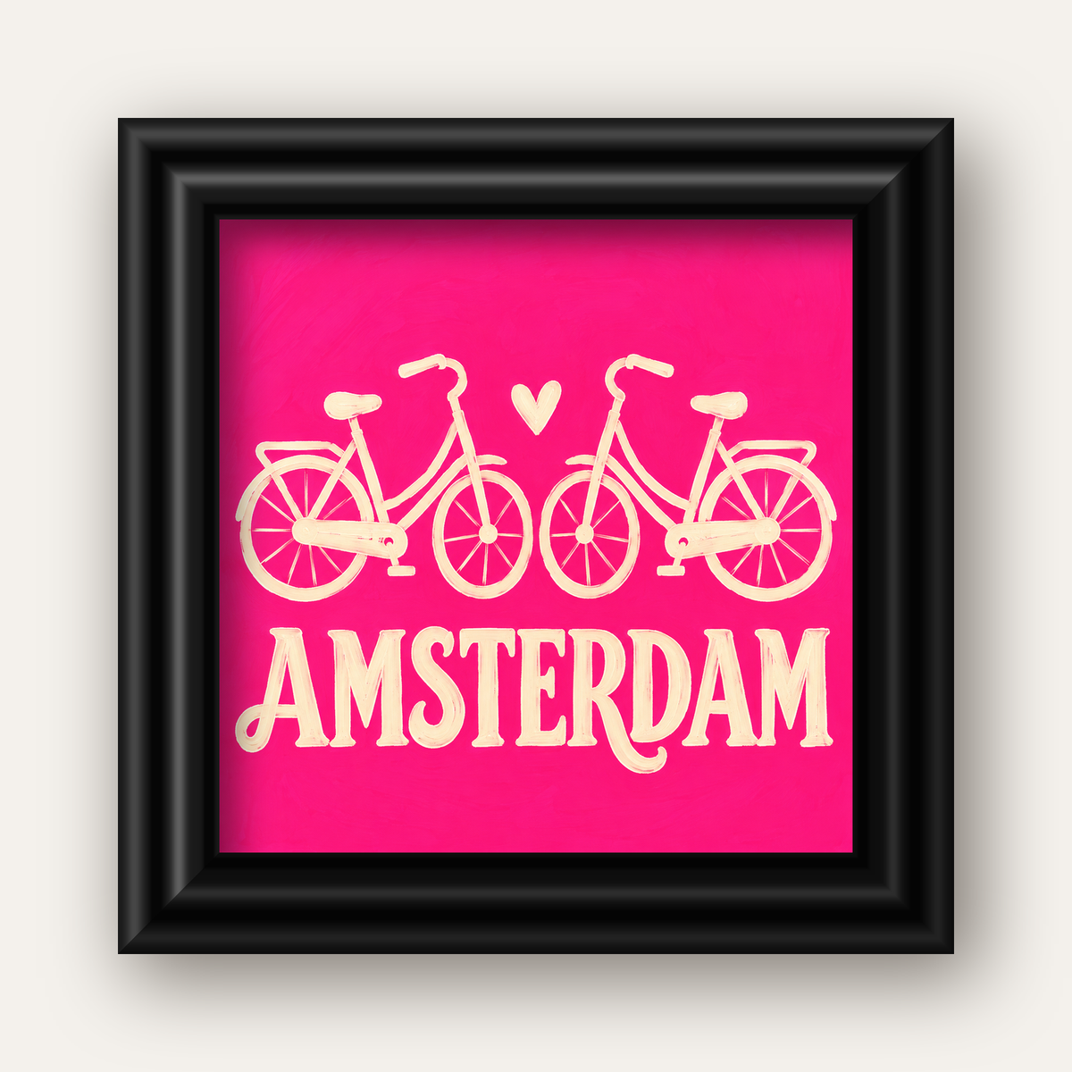 Amsterdam Temalı Bisiklet İllüstrasyonlu Canlı Pembe Poster — siyah galeri çerçeveli