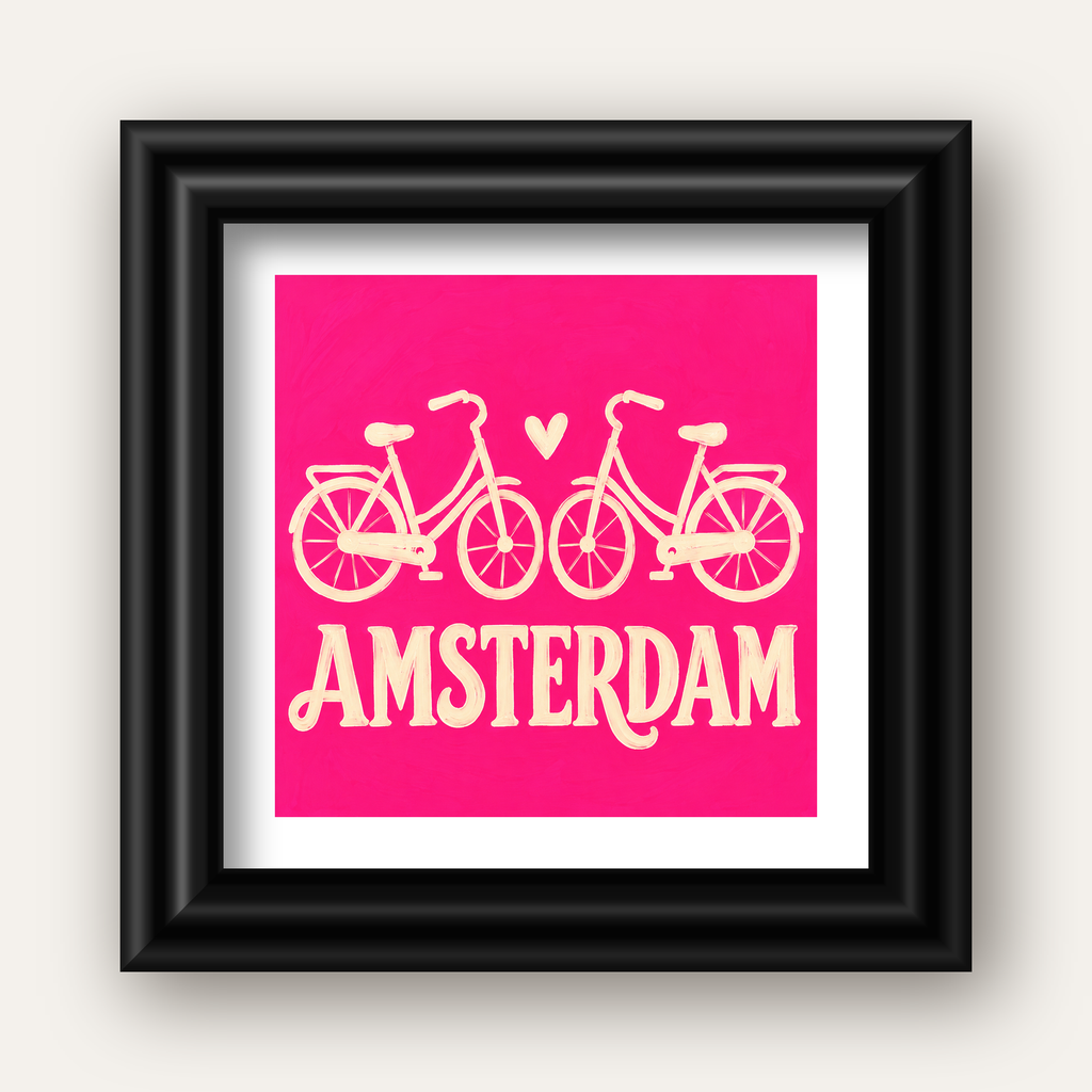 Amsterdam Temalı Bisiklet İllüstrasyonlu Canlı Pembe Poster — siyah galeri çerçeveli paspartulu