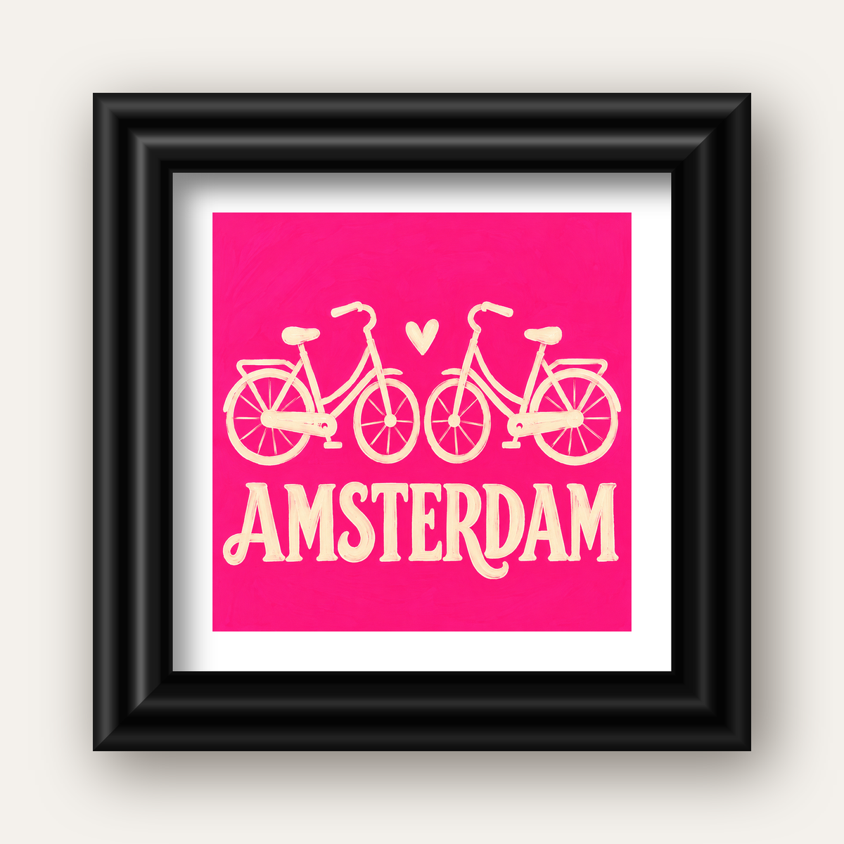 Amsterdam Temalı Bisiklet İllüstrasyonlu Canlı Pembe Poster — siyah galeri çerçeveli paspartulu