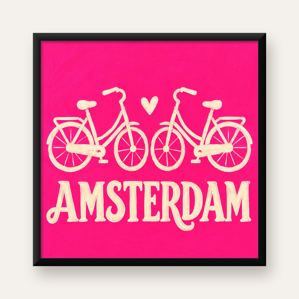 Amsterdam Temalı Bisiklet İllüstrasyonlu Canlı Pembe Poster — Kare baskı, düz siyah çerçeveli duvar posteri