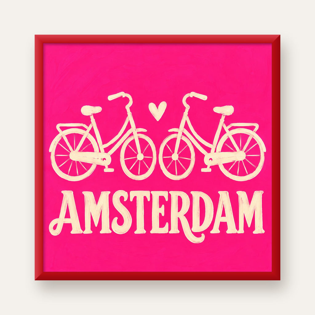 Amsterdam Temalı Bisiklet İllüstrasyonlu Canlı Pembe Poster — kırmızı çerçeveli