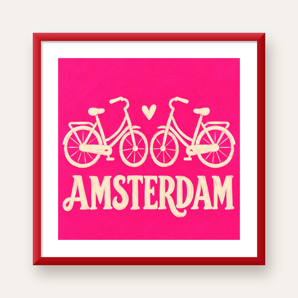 Amsterdam Temalı Bisiklet İllüstrasyonlu Canlı Pembe Poster — kırmızı çerçeveli paspartulu