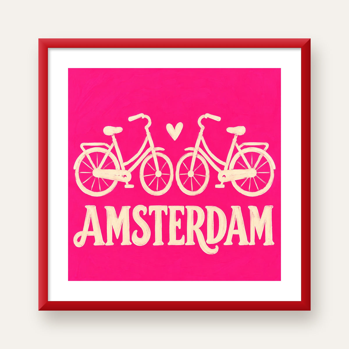 Amsterdam Temalı Bisiklet İllüstrasyonlu Canlı Pembe Poster — kırmızı çerçeveli paspartulu