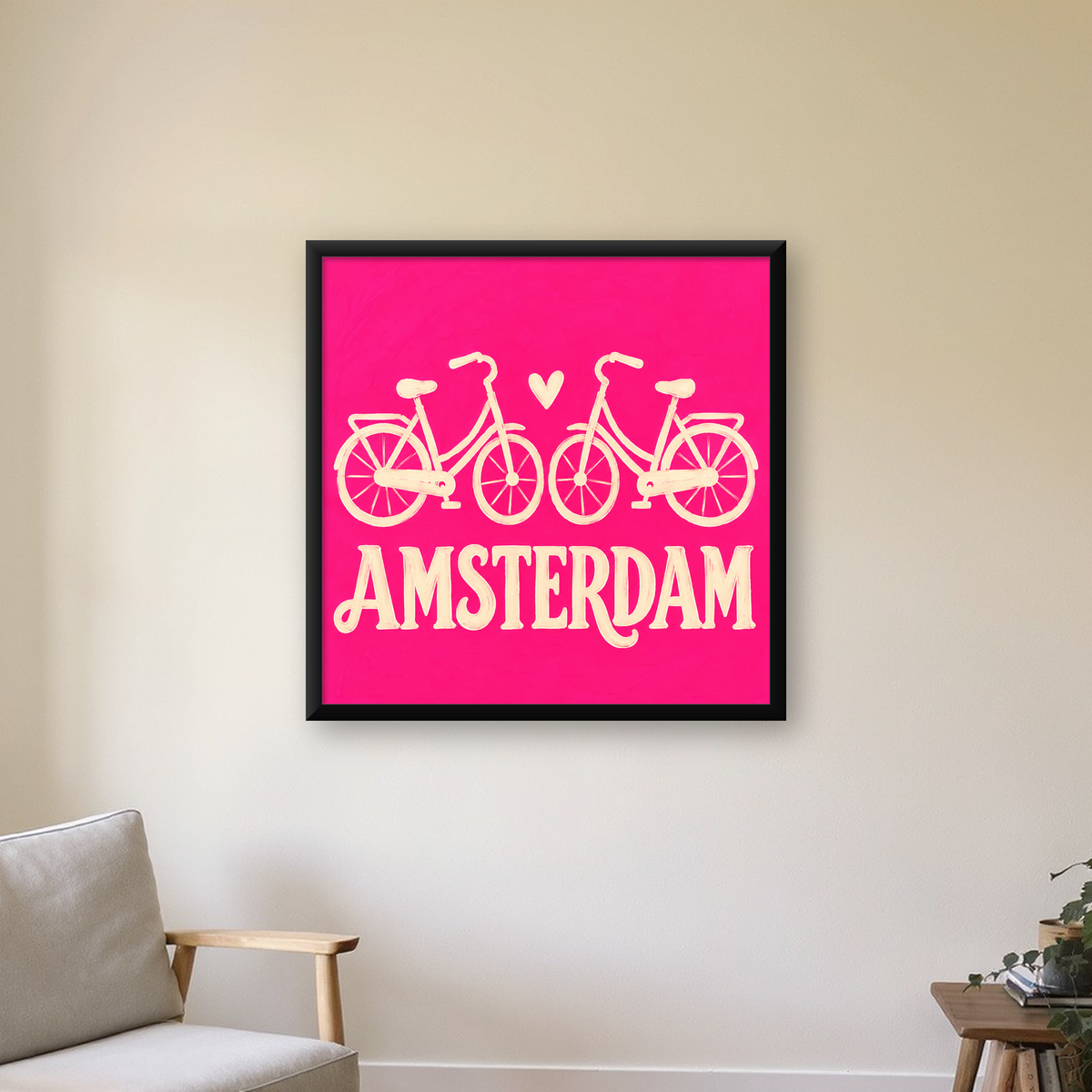 Amsterdam Temalı Bisiklet İllüstrasyonlu Canlı Pembe Poster — Kare baskı, çerçeveli hâliyle bir ev duvarında