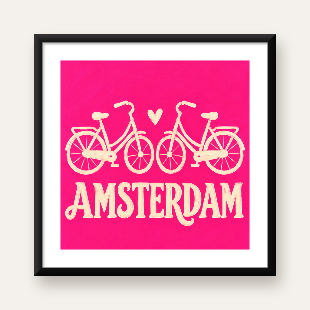 Amsterdam Temalı Bisiklet İllüstrasyonlu Canlı Pembe Poster — Kare baskı, beyaz paspartulu