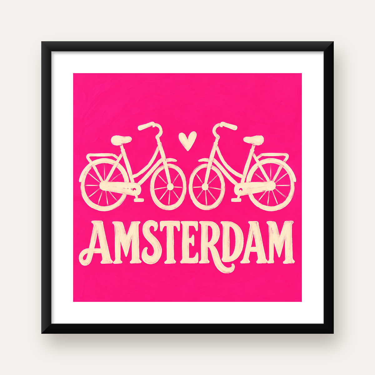 Amsterdam Temalı Bisiklet İllüstrasyonlu Canlı Pembe Poster — Kare baskı, beyaz paspartulu