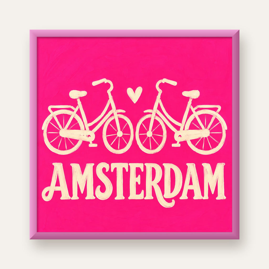 Amsterdam Temalı Bisiklet İllüstrasyonlu Canlı Pembe Poster — pembe çerçeveli