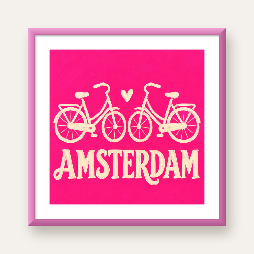 Amsterdam Temalı Bisiklet İllüstrasyonlu Canlı Pembe Poster — pembe çerçeveli paspartulu