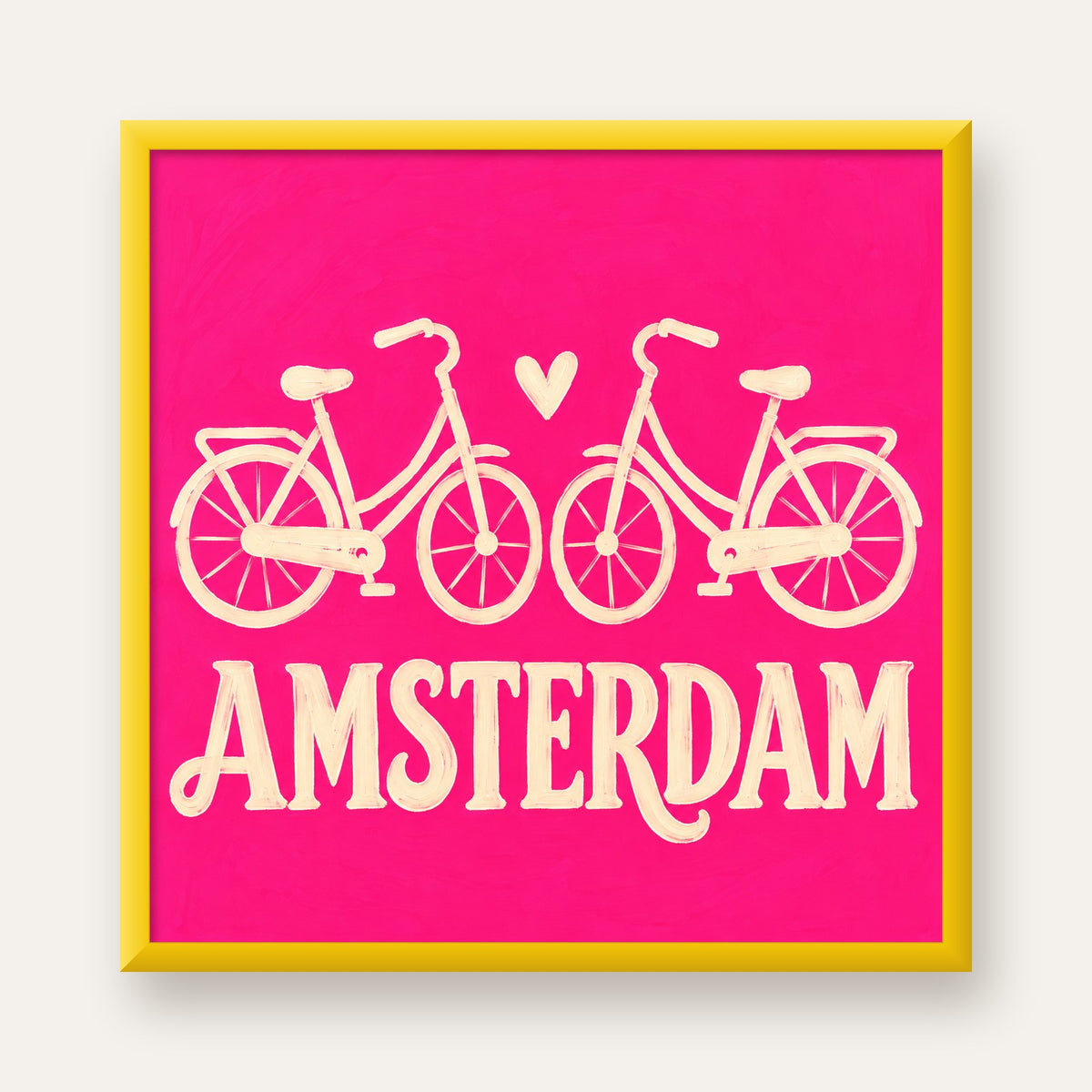 Amsterdam Temalı Bisiklet İllüstrasyonlu Canlı Pembe Poster — sarı çerçeveli