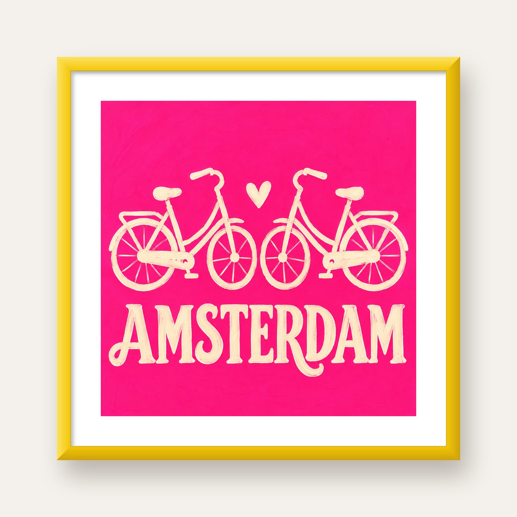 Amsterdam Temalı Bisiklet İllüstrasyonlu Canlı Pembe Poster — sarı çerçeveli paspartulu