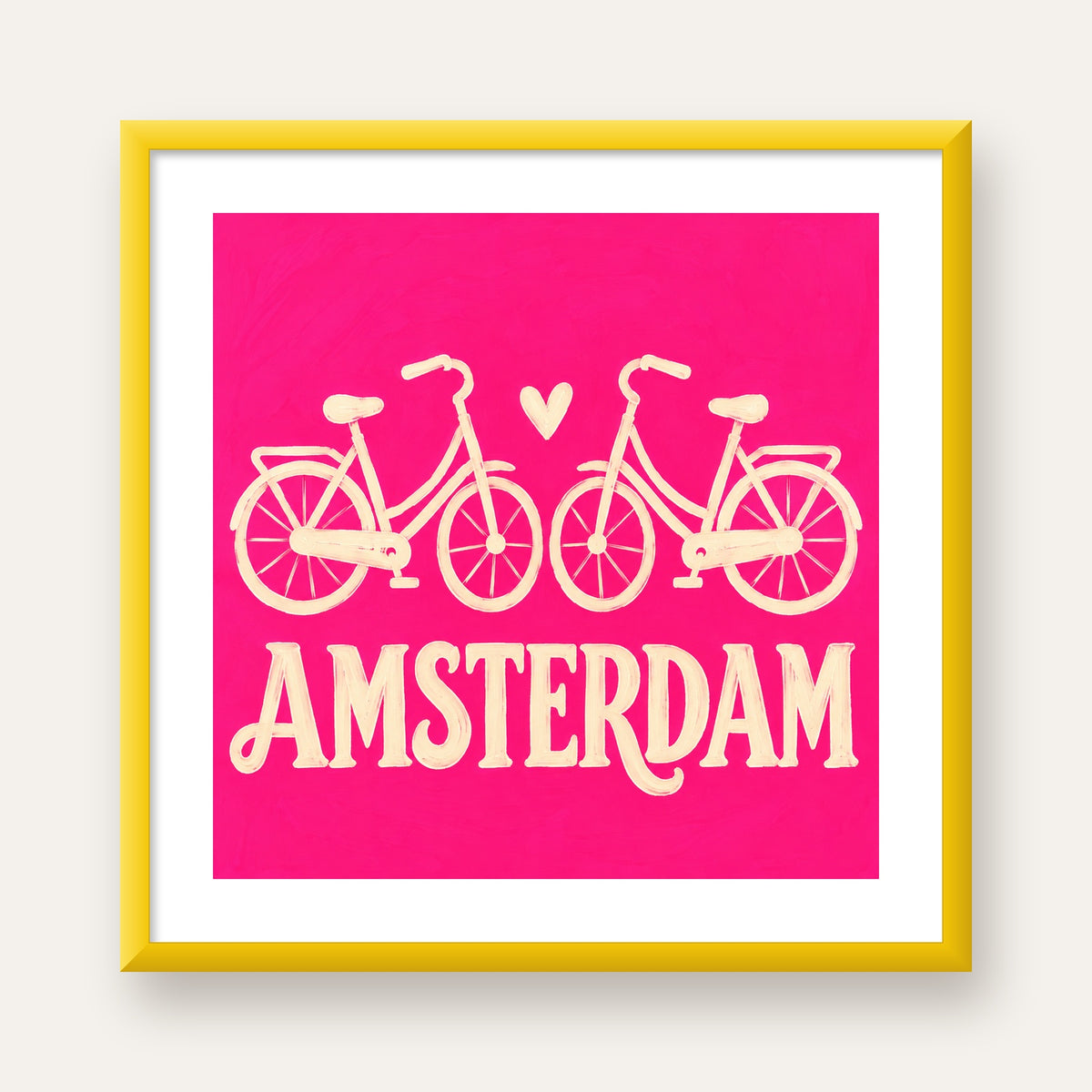 Amsterdam Temalı Bisiklet İllüstrasyonlu Canlı Pembe Poster — sarı çerçeveli paspartulu