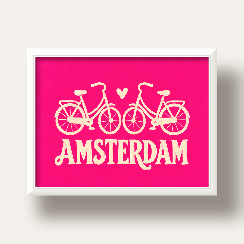 Amsterdam Temalı Bisiklet İllüstrasyonlu Canlı Pembe Poster — beyaz derin çerçeveli