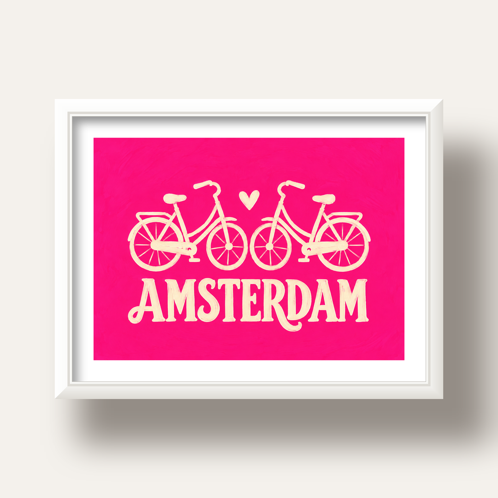 Amsterdam Temalı Bisiklet İllüstrasyonlu Canlı Pembe Poster — beyaz derin çerçeveli paspartulu