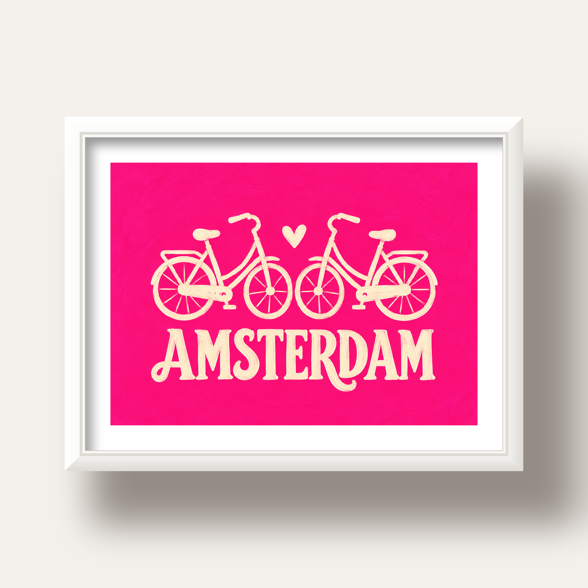 Amsterdam Temalı Bisiklet İllüstrasyonlu Canlı Pembe Poster — beyaz derin çerçeveli paspartulu