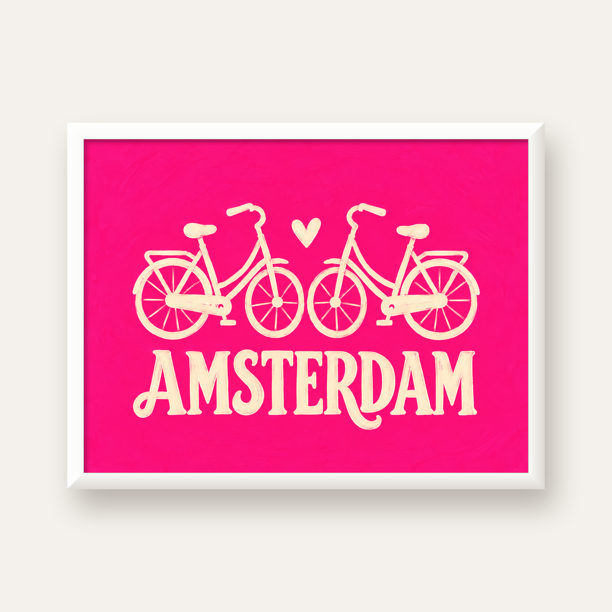 Amsterdam Temalı Bisiklet İllüstrasyonlu Canlı Pembe Poster — beyaz çerçeveli yatay poster
