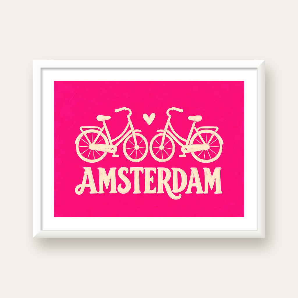 Amsterdam Temalı Bisiklet İllüstrasyonlu Canlı Pembe Poster — beyaz çerçeveli yatay poster