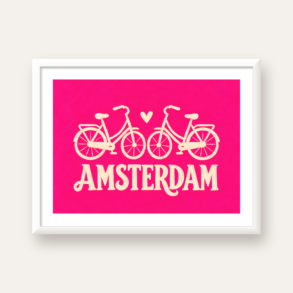 Amsterdam Temalı Bisiklet İllüstrasyonlu Canlı Pembe Poster — beyaz çerçeveli yatay poster