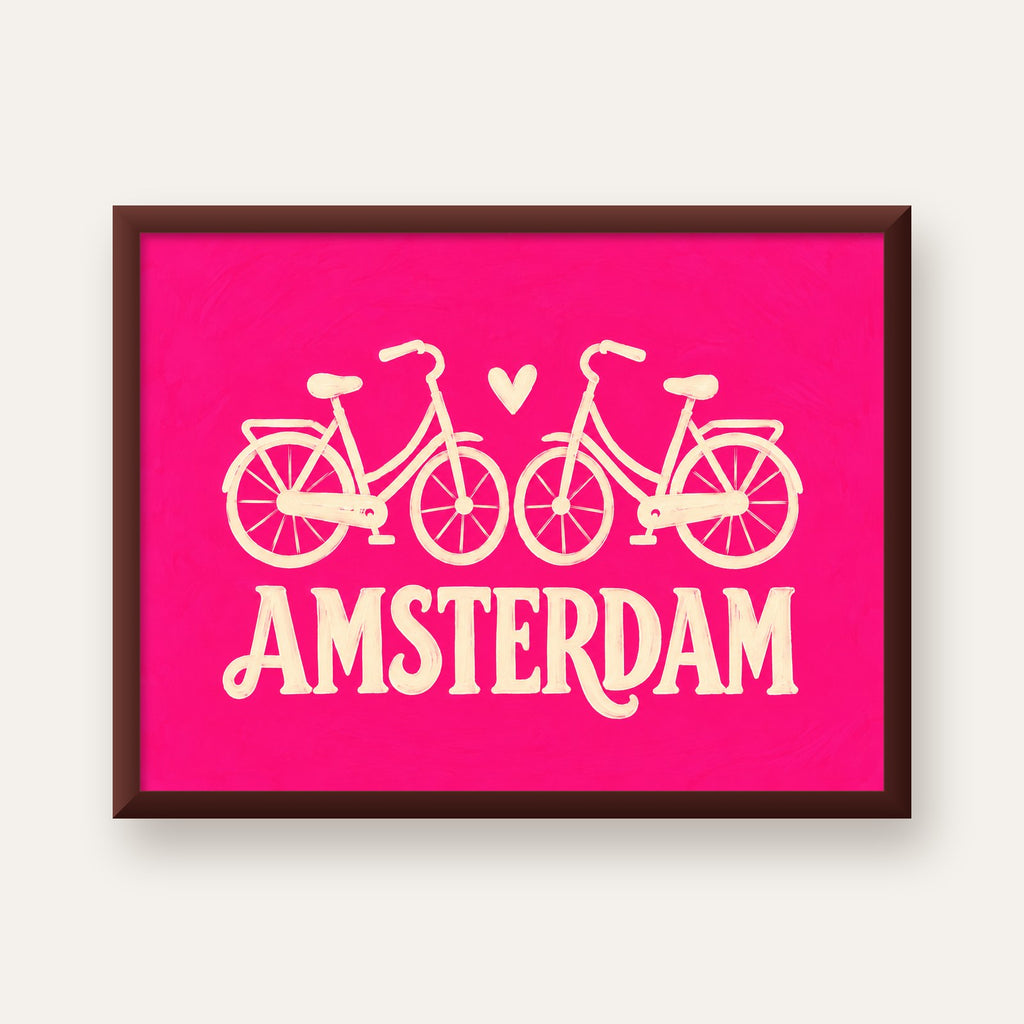 Amsterdam Temalı Bisiklet İllüstrasyonlu Canlı Pembe Poster — ceviz çerçeveli