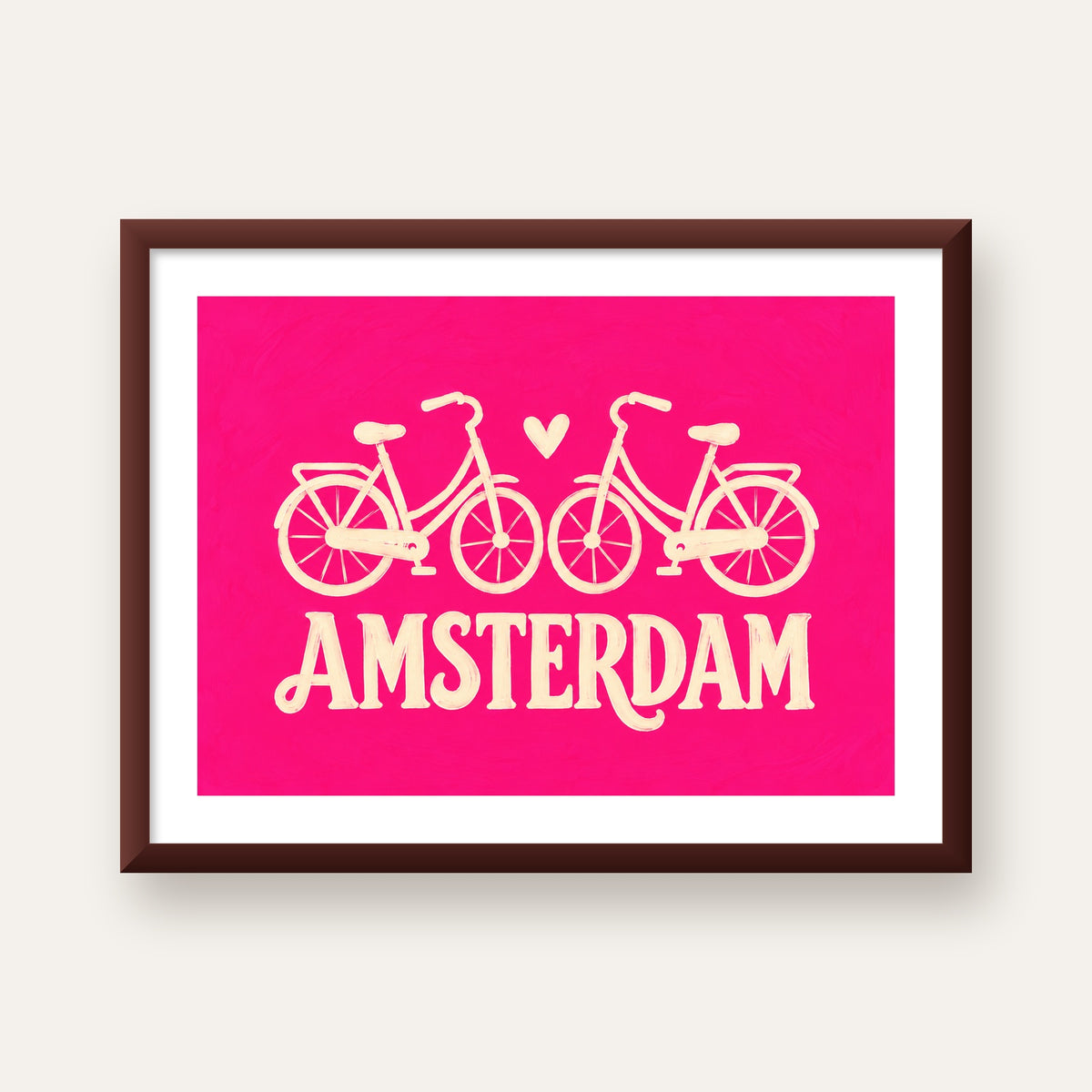 Amsterdam Temalı Bisiklet İllüstrasyonlu Canlı Pembe Poster — ceviz çerçeveli paspartulu