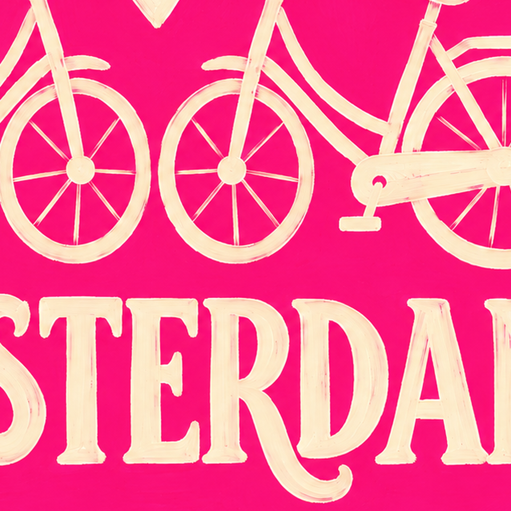 Amsterdam Temalı Bisiklet İllüstrasyonlu Canlı Pembe Poster — baskının yakın çekimi, kâğıt dokusu ve renk detayı
